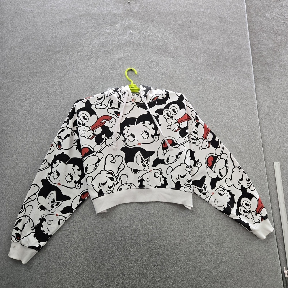 Betty Boop Women Hoodie XL White Fleece Cropped Pullover Fleischer Studios